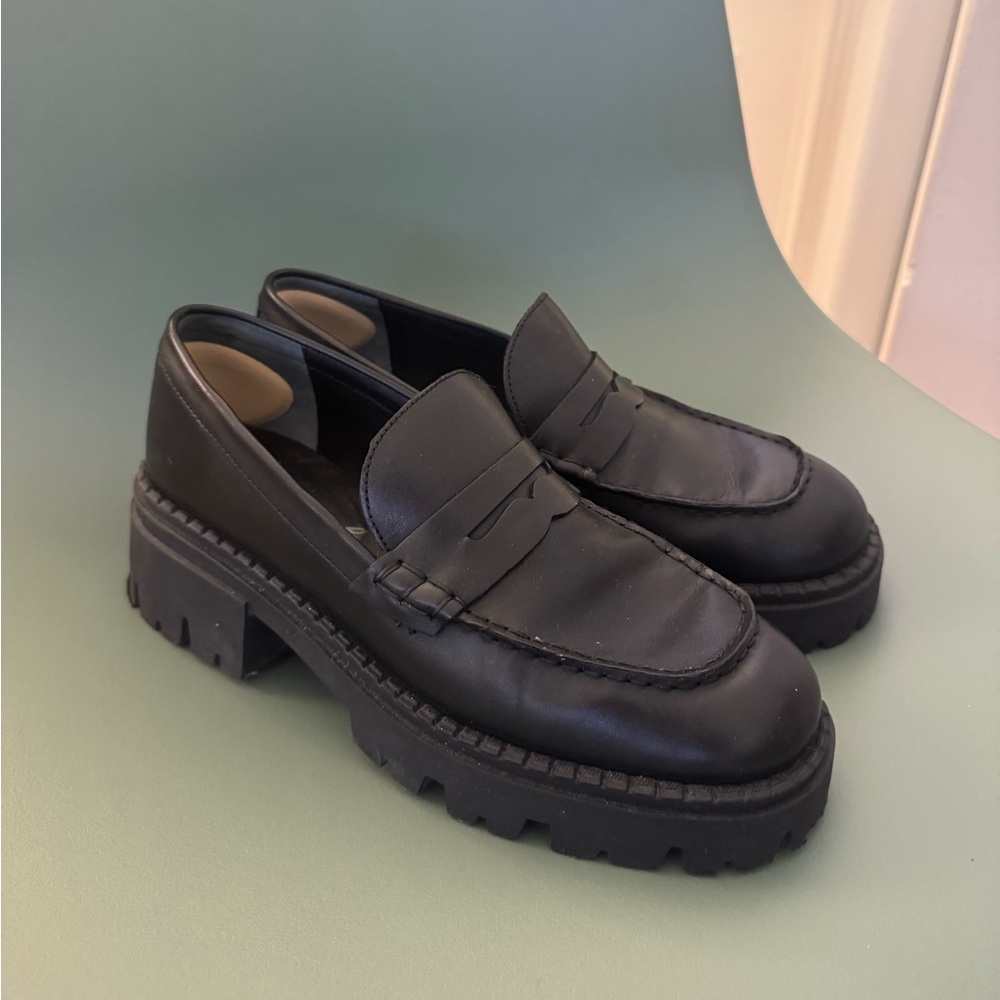 Free People Black Lug Sole Leather Loafers
